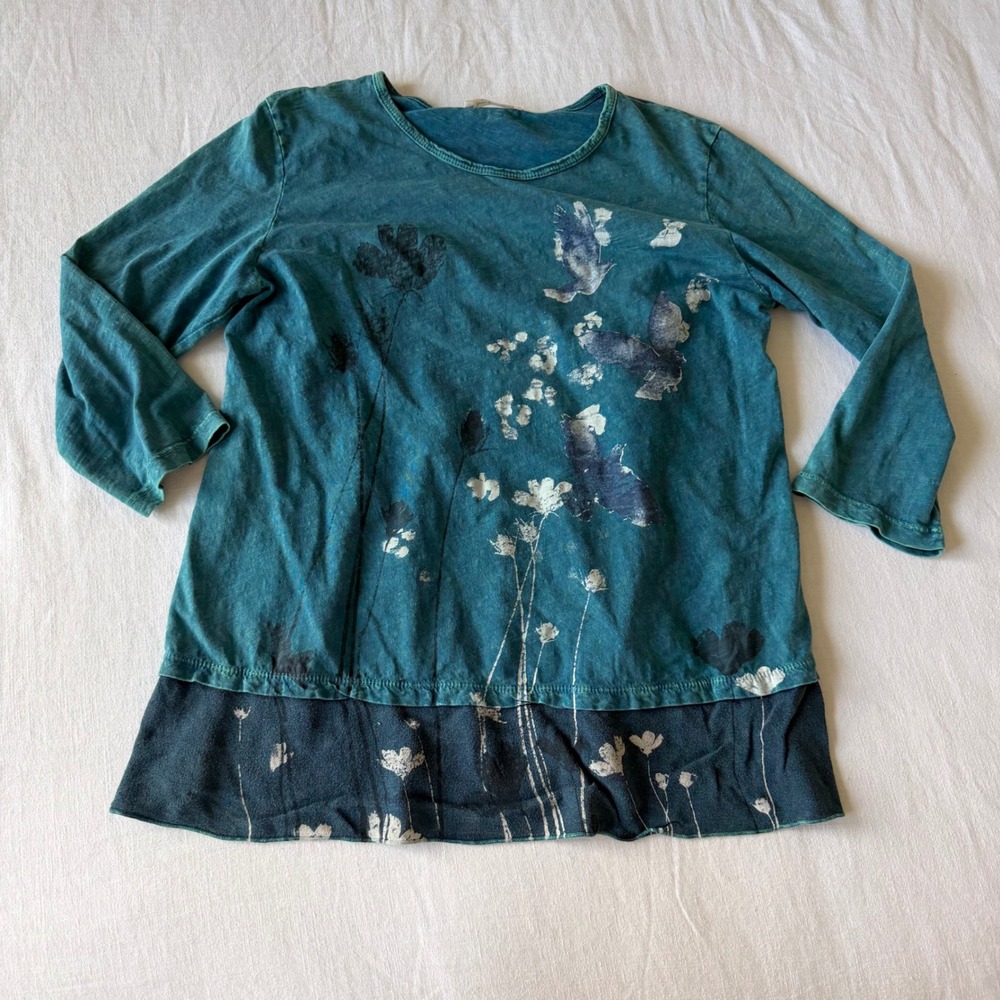 Jess & Jane Womens Teal Blue Bird Floral 3/4 Sleeve Cotton Top M M48-000 - Picture 4 of 8